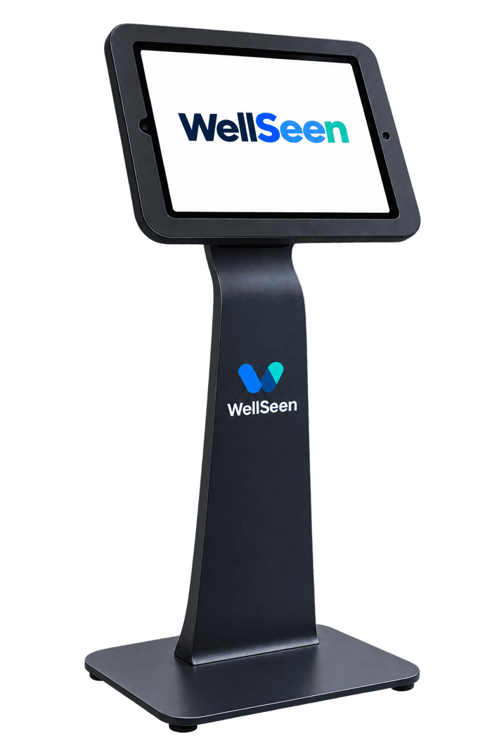 The WellSeen Classroom Kiosk: a tablet in a secure dark enclosure on a branded floor stand.